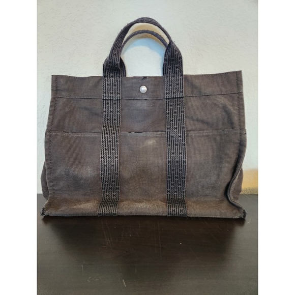 HERMES Herline Tote MM Bag Canvas Grey/Brown Unisex Purse With Lock No Key - Picture 1 of 14